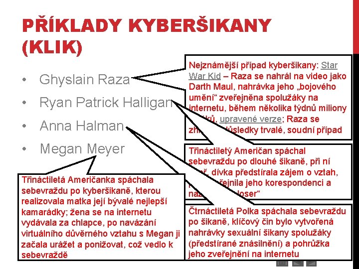 PŘÍKLADY KYBERŠIKANY (KLIK) • Ghyslain Raza • Ryan Patrick Halligan • Anna Halman •