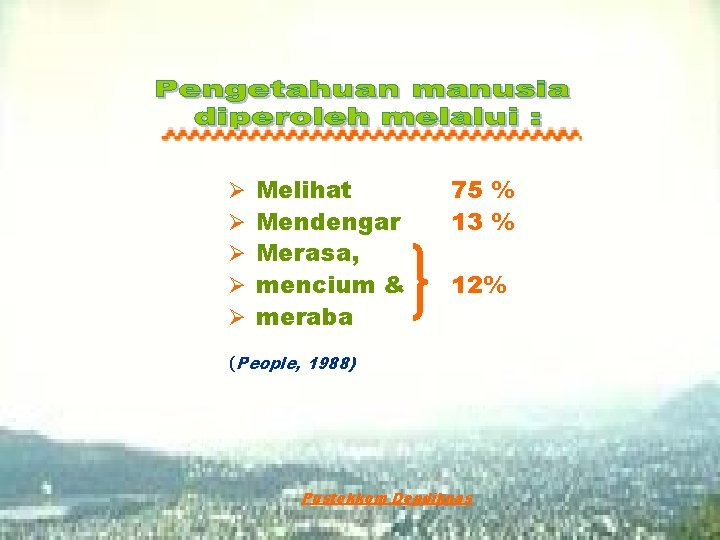 Ø Ø Ø Melihat Mendengar Merasa, mencium & meraba 75 % 13 % 12%