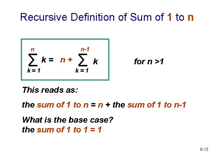 Recursive Definition of Sum of 1 to n n Σ k= k=1 n-1 n+