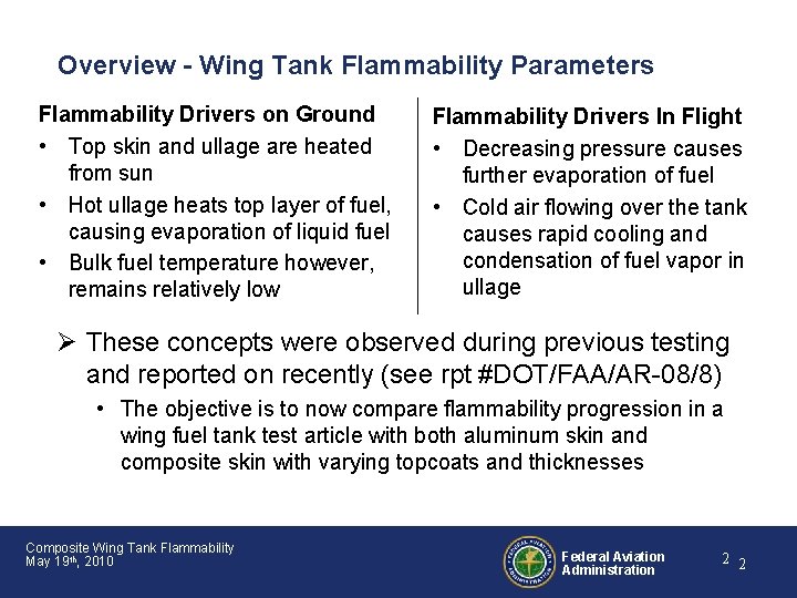 Overview - Wing Tank Flammability Parameters Flammability Drivers on Ground • Top skin and