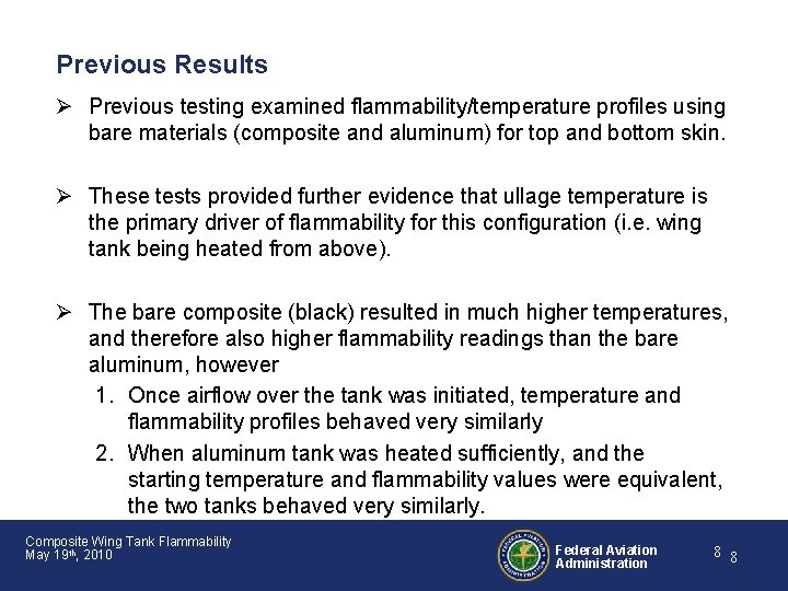Previous Results Ø Previous testing examined flammability/temperature profiles using bare materials (composite and aluminum)