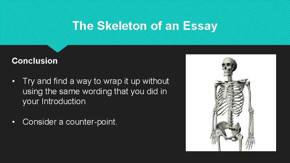 The Skeleton of an Essay Conclusion • Try and find a way to wrap