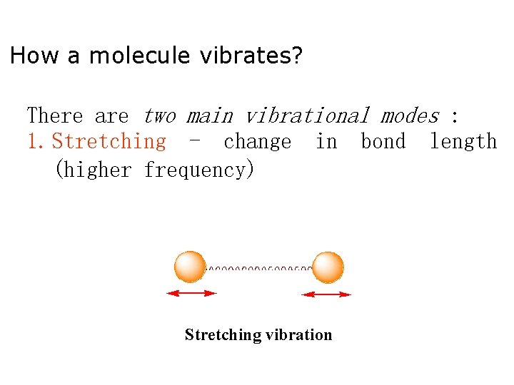Vibrations How a molecule vibrates? Any change in shape of the molecule- stretching of