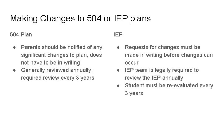 Making Changes to 504 or IEP plans 504 Plan ● Parents should be notified