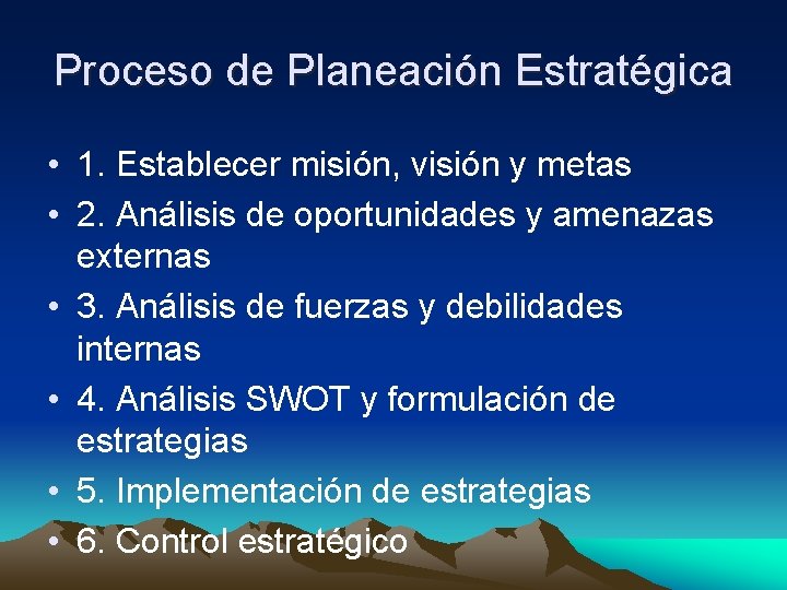 Proceso de Planeación Estratégica • 1. Establecer misión, visión y metas • 2. Análisis