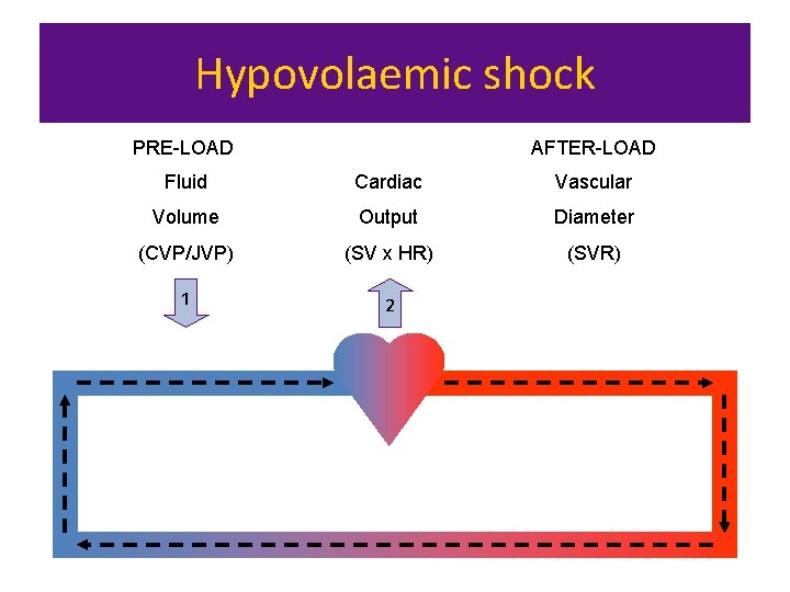 Hypovolaemic shock AFTER-LOAD PRE-LOAD Fluid Cardiac Vascular Volume Output Diameter (CVP/JVP) (SV x HR)