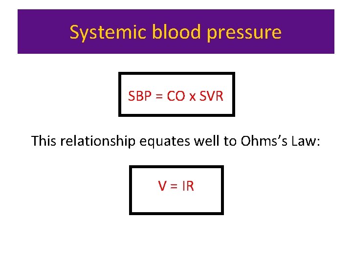 Systemic blood pressure SBP = CO x SVR This relationship equates well to Ohms’s