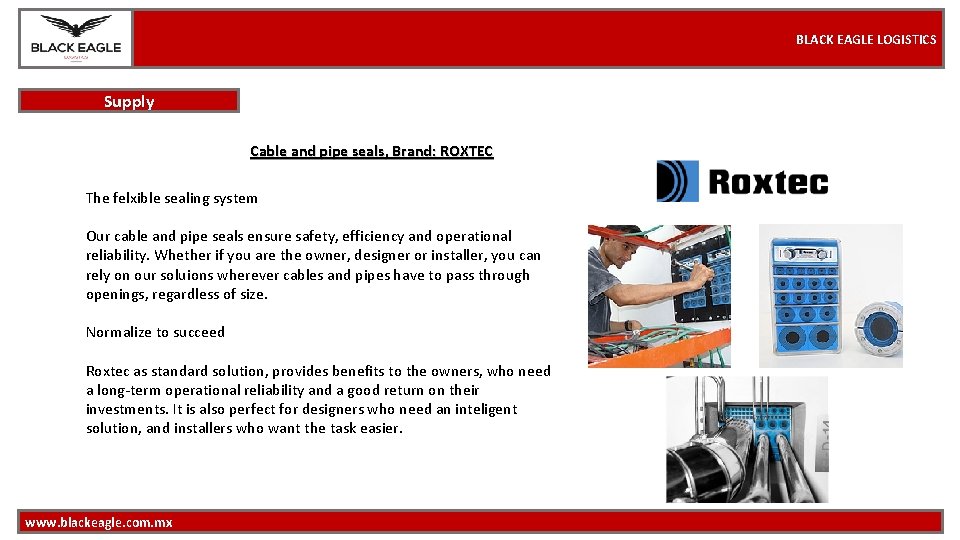 BLACK EAGLE LOGISTICS Supply Cable and pipe seals, Brand: ROXTEC The felxible sealing system