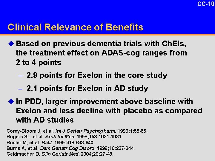 CC-10 Clinical Relevance of Benefits u Based on previous dementia trials with Ch. EIs,