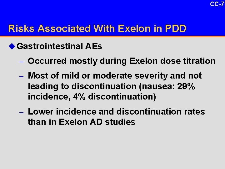 CC-7 Risks Associated With Exelon in PDD u Gastrointestinal AEs – Occurred mostly during