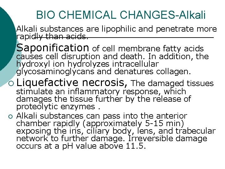 BIO CHEMICAL CHANGES-Alkali ¡ Alkali substances are lipophilic and penetrate more rapidly than acids.