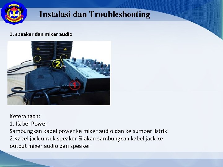 Instalasi dan Troubleshooting 1. speaker dan mixer audio Keterangan: 1. Kabel Power Sambungkan kabel