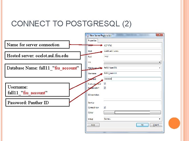 CONNECT TO POSTGRESQL (2) Name for server connection Hosted server: ocelot. aul. fiu. edu