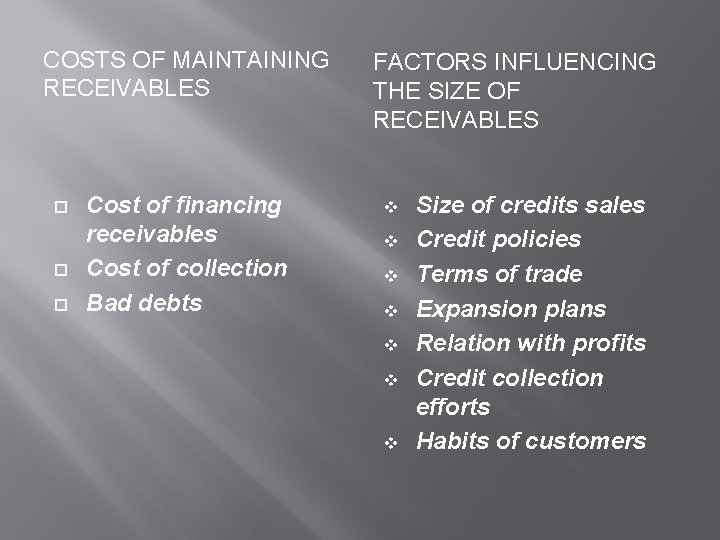 COSTS OF MAINTAINING RECEIVABLES Cost of financing receivables Cost of collection Bad debts FACTORS
