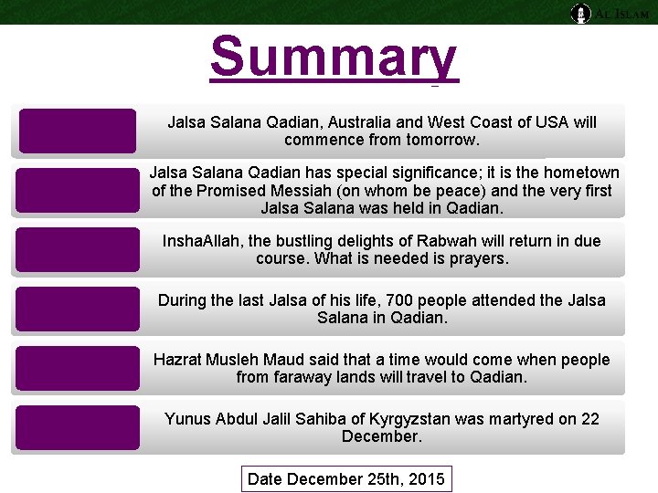 Summary Jalsa Salana Qadian, Australia and West Coast of USA will commence from tomorrow.