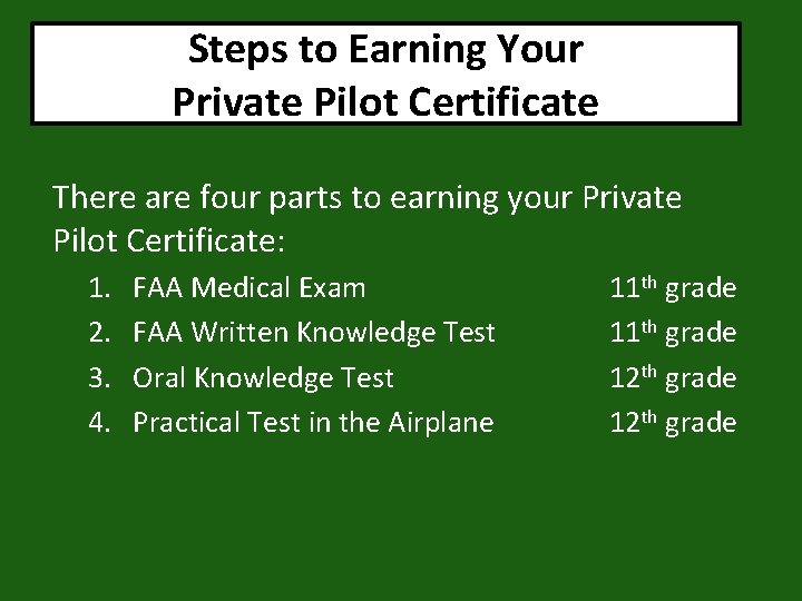 Steps to Earning Your Private Pilot Certificate There are four parts to earning your