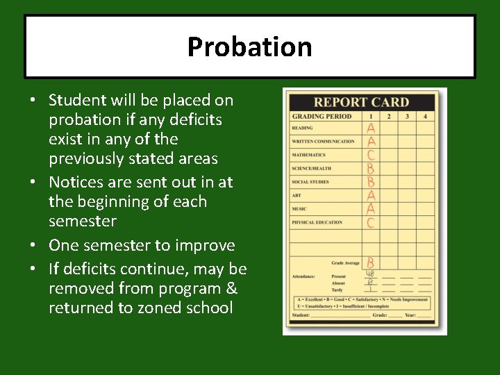 Probation • Student will be placed on probation if any deficits exist in any