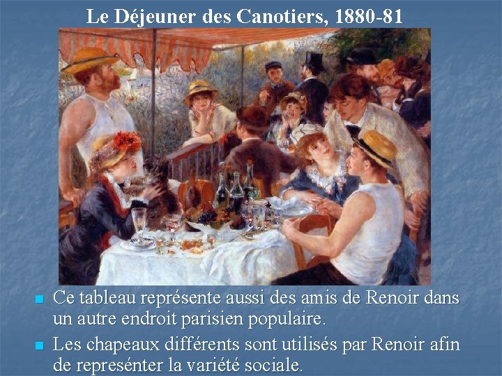 Le Déjeuner des Canotiers, 1880 -81 n n Ce tableau représente aussi des amis