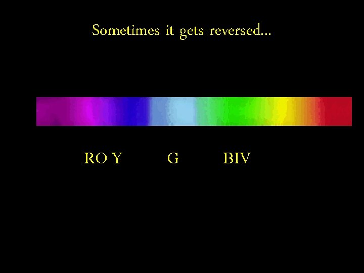 Sometimes it gets reversed. . . RO Y G BIV 