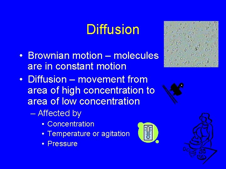 Diffusion • Brownian motion – molecules are in constant motion • Diffusion – movement