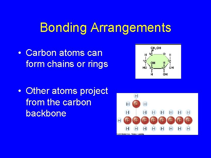 Bonding Arrangements • Carbon atoms can form chains or rings • Other atoms project