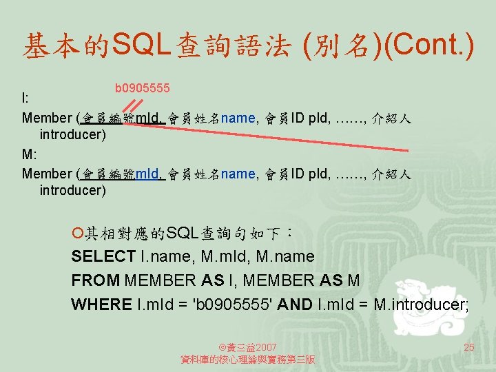 基本的SQL查詢語法 (別名)(Cont. ) b 0905555 I: Member (會員編號m. Id, 會員姓名name, 會員ID p. Id, ……,