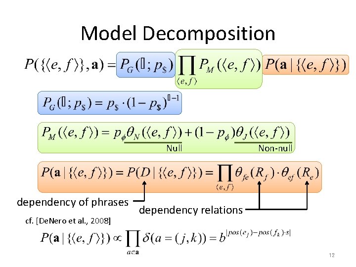 Model Decomposition Null dependency of phrases cf. [De. Nero et al. , 2008] Non-null