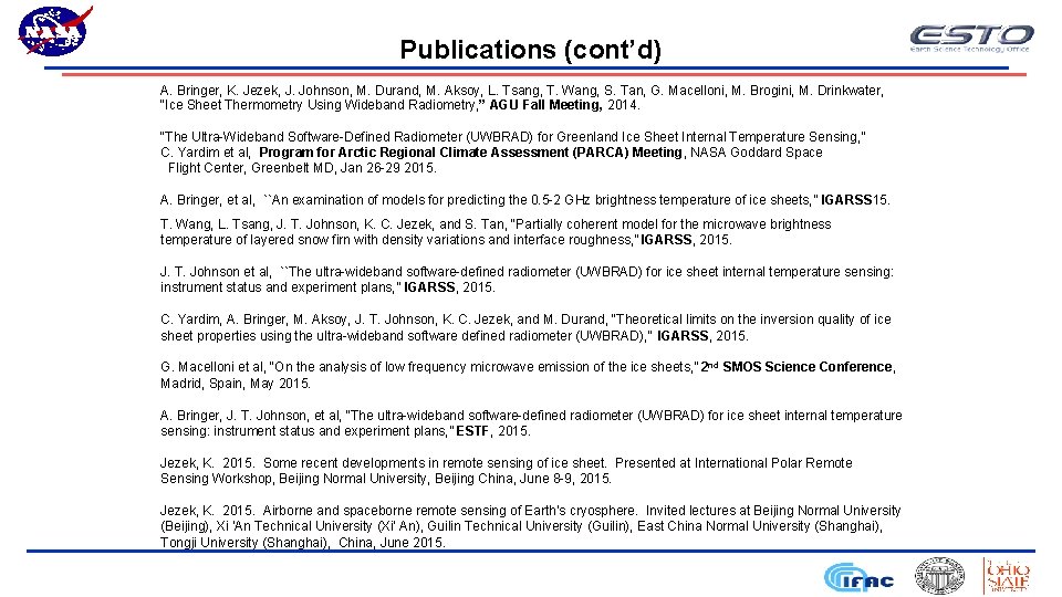 Publications (cont’d) A. Bringer, K. Jezek, J. Johnson, M. Durand, M. Aksoy, L. Tsang,