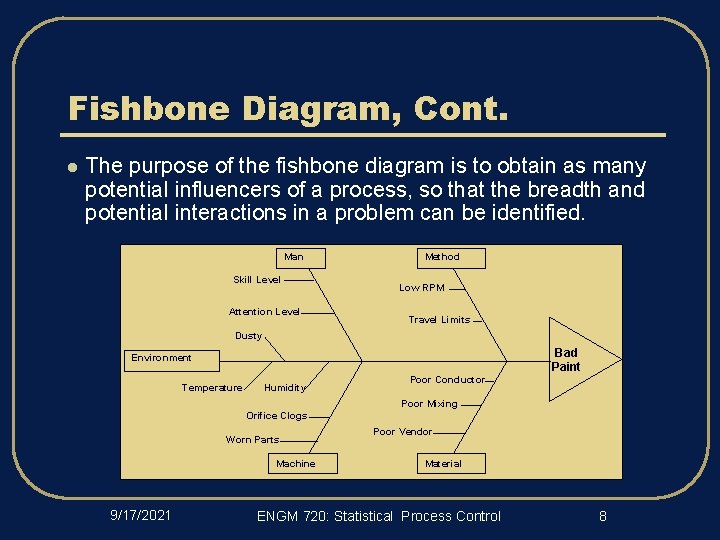 Fishbone Diagram, Cont. l The purpose of the fishbone diagram is to obtain as