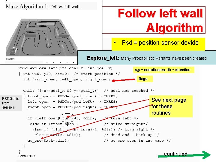 Follow left wall Algorithm • Psd = position sensor devide Explore_left: Many Probabilistic variants