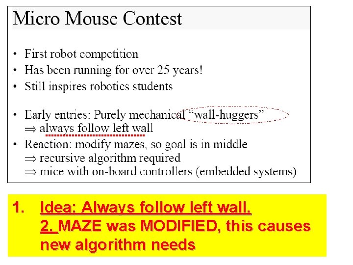 1. Idea: Always follow left wall. 2. MAZE was MODIFIED, this causes new algorithm