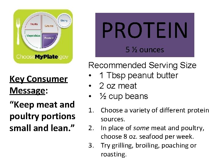 PROTEIN 5 ½ ounces Key Consumer Message: “Keep meat and poultry portions small and