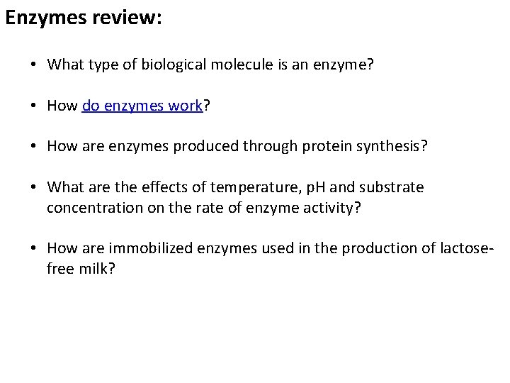 Enzymes review: • What type of biological molecule is an enzyme? • How do