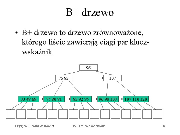 B+ drzewo • B+ drzewo to drzewo zrównoważone, którego liście zawierają ciągi par kluczwskaźnik B+ drzewo • B+ drzewo to drzewo zrównoważone, którego liście zawierają ciągi par kluczwskaźnik