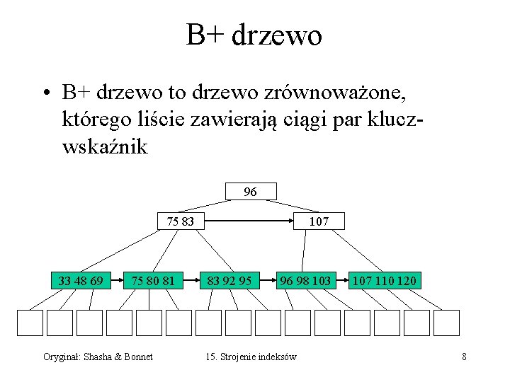 B+ drzewo • B+ drzewo to drzewo zrównoważone, którego liście zawierają ciągi par kluczwskaźnik