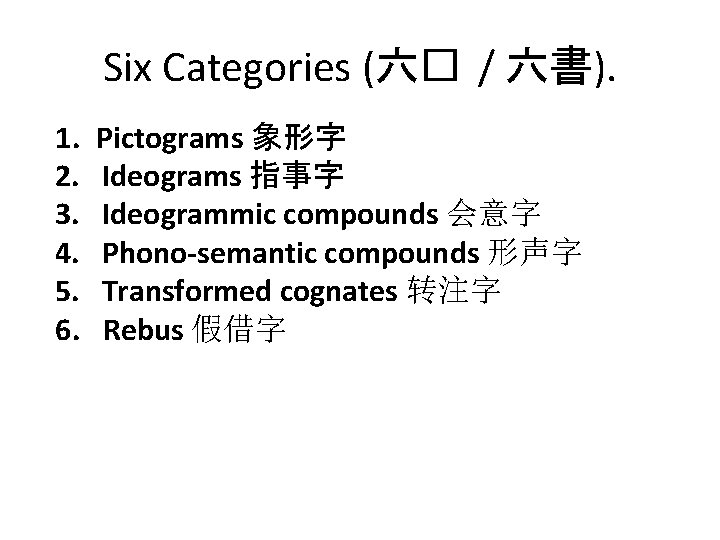 Six Categories (六� / 六書). 1. 2. 3. 4. 5. 6. Pictograms 象形字 Ideograms