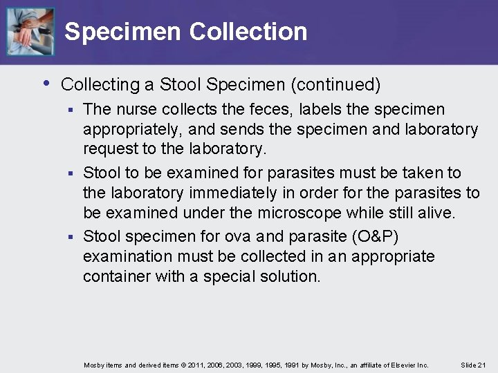 Specimen Collection • Collecting a Stool Specimen (continued) The nurse collects the feces, labels