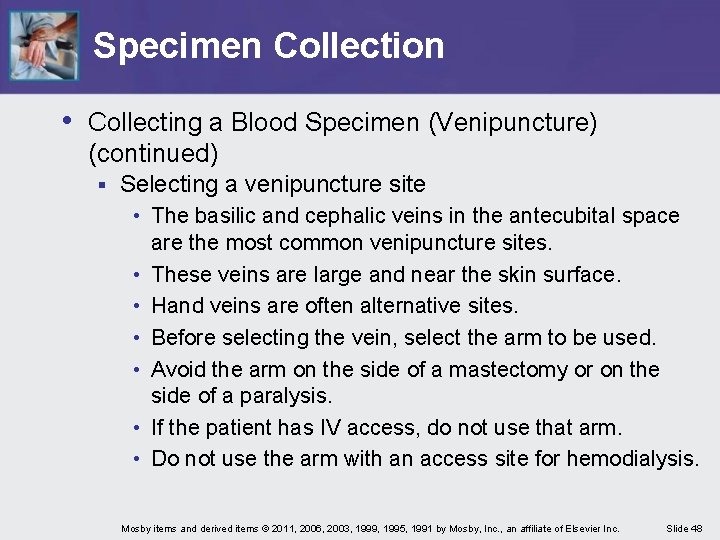 Specimen Collection • Collecting a Blood Specimen (Venipuncture) (continued) § Selecting a venipuncture site