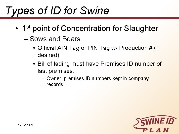 Types of ID for Swine • 1 st point of Concentration for Slaughter –