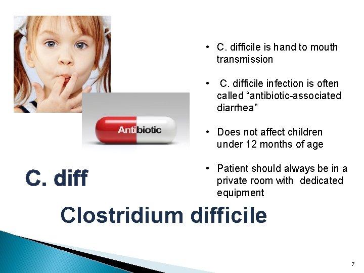  • C. difficile is hand to mouth transmission • C. difficile infection is