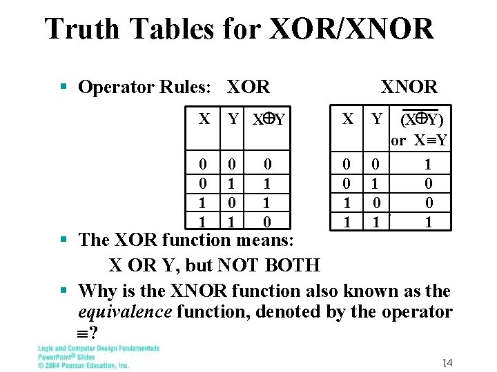 Truth Tables for XOR/XNOR § Operator Rules: XOR XNOR X Y XÅY X 0