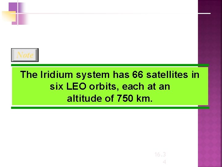 Note The Iridium system has 66 satellites in six LEO orbits, each at an