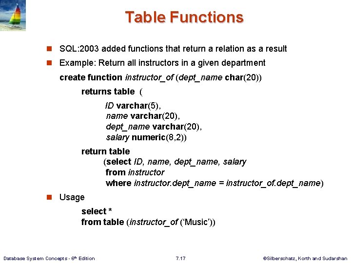 Table Functions n SQL: 2003 added functions that return a relation as a result