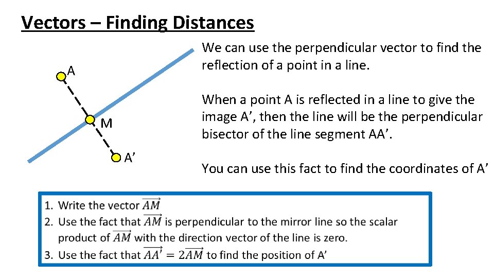 Vectors – Finding Distances We can use the perpendicular vector to find the reflection