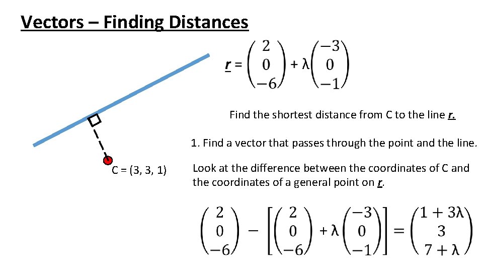 Vectors – Finding Distances Find the shortest distance from C to the line r.