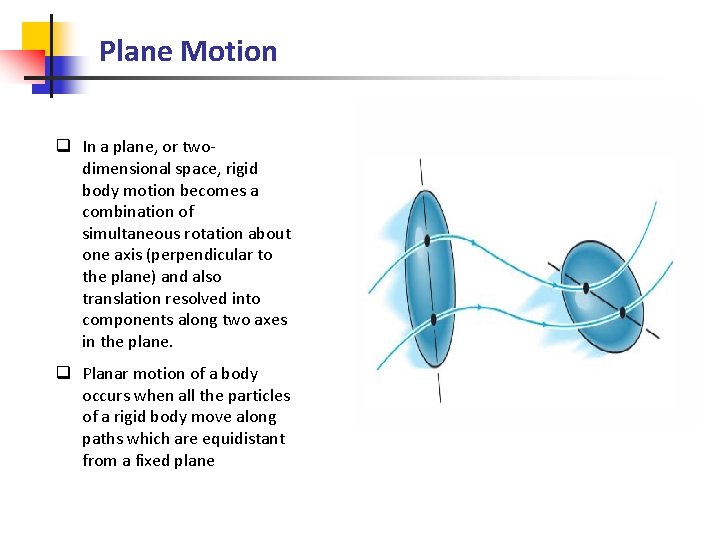 Plane Motion q In a plane, or twodimensional space, rigid body motion becomes a