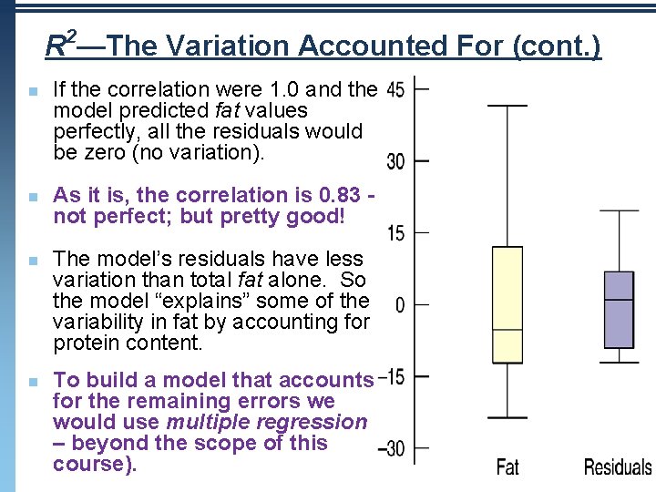 2 R —The Variation Accounted For (cont. ) n n If the correlation were 2 R —The Variation Accounted For (cont. ) n n If the correlation were