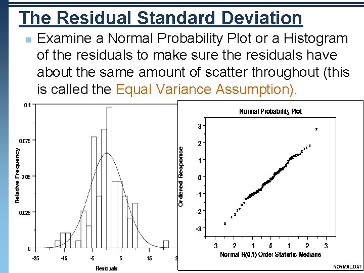 The Residual Standard Deviation n Examine a Normal Probability Plot or a Histogram of The Residual Standard Deviation n Examine a Normal Probability Plot or a Histogram of