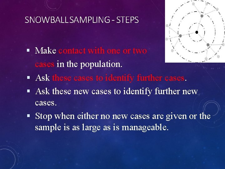 SNOWBALL SAMPLING - STEPS Make contact with one or two cases in the population.
