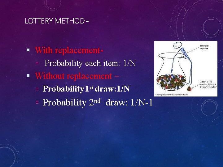 LOTTERY METHOD- With replacement Probability each item: 1/N Without replacement – Probability 1 st